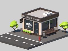 a low polygonal rendering of a barber shop with benches and trees in the front