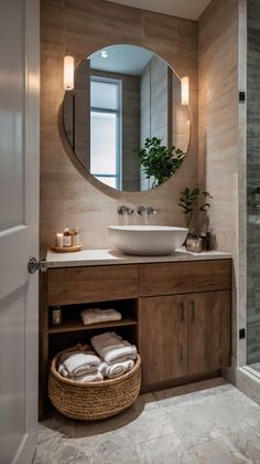 a bathroom with a round mirror above the sink and wooden cabinetry, along with a wicker basket on the floor