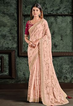 Buy Special silk Saree Party wedding wear dresses Peach satin silk saree with blouse 22007 online in USA, UK and Canada from KollyBollyEthnics.com Hairstyles For Engagement Indian Saree, Pink Sarees, Chiffon Blouses Designs, Saree Chiffon, Hairstyles For Indian Wedding, Latest Saree Blouse, Pink Designs, Blouse Chiffon, Peach Saree