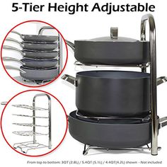 the 5 - tier height adjustable pot rack has five pans on it and is also holding pots