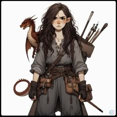 a drawing of a woman with long hair holding two swords and a dragon on her shoulder