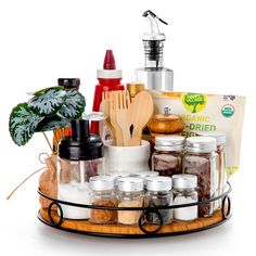 an assortment of spices and condiments on a tray