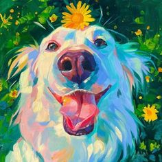 a painting of a dog with a flower on its head, in the middle of some daisies