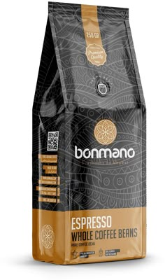 coffee bag with the word espresso whole coffee beans in it on a white background