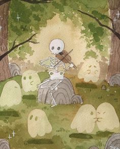 a painting of a skeleton playing the violin in a forest with tombstones and trees