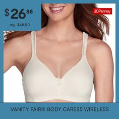 Reward yourself with the sweet comfort of the Body Caress wire-free bra.Banded Frame For Added SupportComfortable 2-way Convertible StrapsDouble-knit Microfiber WingsManufacturer's Style #72335Bra Type: Wireless, T-Shirt, Full CoverageFeatures: Adjustable Straps, Convertible Straps, Stretch Fabric, SeamlessClosure Type: Back ClosureSupport: Medium SupportFiber Content: 78% Polyester, 22% SpandexFabric Description: KnitCup Fiber Content: 85% Nylon, 15% ElastaneCare: Hand Wash, Line DryMaterial: … Free Bra, Coverage Bras, Reward Yourself, Full Coverage Bra, Wireless Bra, Vanity Fair, The Sweet, Stretch Fabric, Adjustable Straps