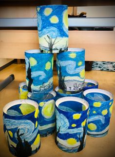 the cups are made to look like van gogh's starry night skys