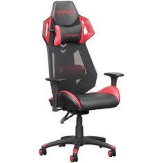 a black and red office chair with wheels on the bottom, in front of a white background