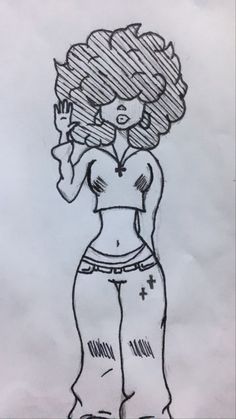 a drawing of a woman with her hair blowing in the wind, wearing shorts and cropped top