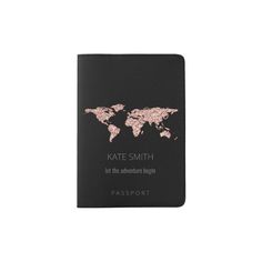 a passport case with the words kate smith on it and a map of the world in pink