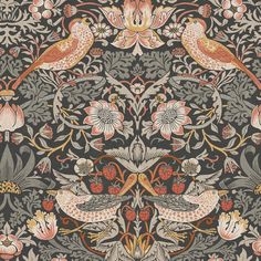 an intricately designed wallpaper with birds and flowers in grey, pink, yellow and orange colors