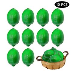 10 pieces green lemons in a basket with the top cut off and ready to be used