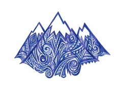 a drawing of three mountains with blue ink on white paper, each one has an intricate design in the middle