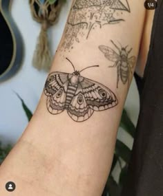 a small moth tattoo on the wrist and arm, with other moths in the background