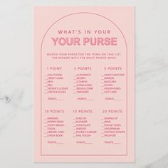 a pink poster with the words what's in your purse on it and an image of