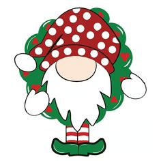 an image of a christmas gnome wearing a red and white polka dot hat on his head