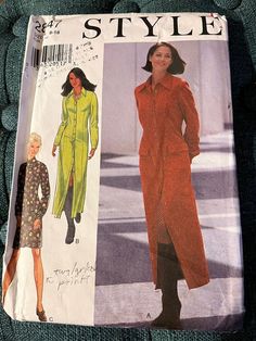 a woman's coat and dress sewing pattern on a green chair with the words style written below it