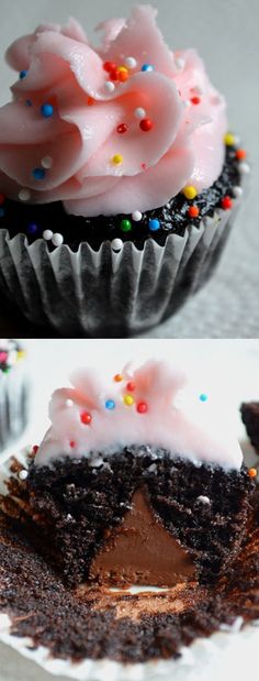 two pictures of cupcakes with frosting and sprinkles