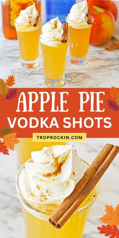 apple pie shots topped with whipped cream and a cinnamon stick. Caramel Apple Shots, Apple Pie Shots, Apple Pie Drink, Apple Whiskey, Fall Parties, Apple Treat, Jello Shot Recipes, Easy Apple Pie, Thanksgiving Drinks