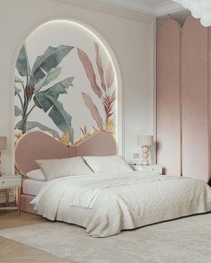 a bedroom with pink walls and white bedding, an arched mirror above the headboard