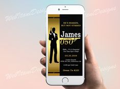 a person holding up an iphone with the name james's 50th birthday party on it