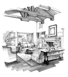 a drawing of a living room with couches, tables and fireplace in the center