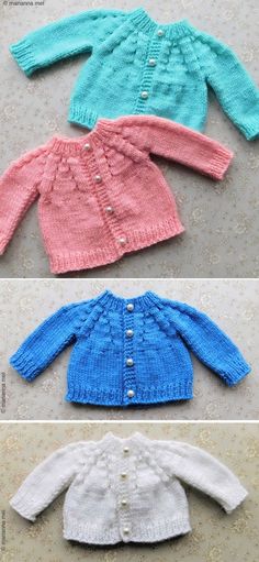 three different knitted sweaters with buttons on the front and back, all in different colors