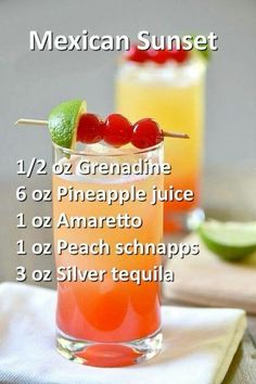 mexican sunset cocktail recipe with pineapple juice, orange juice, limeade and vodka