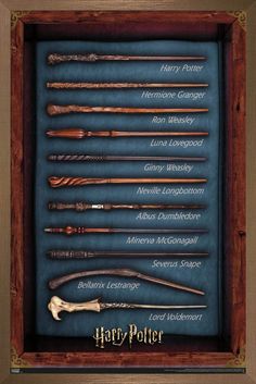 harry potter's wands are displayed in a shadow box