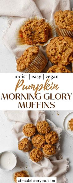 pumpkin muffins with cinnamon on top and the words, moist easy vegan pumpkin morning glory muffins