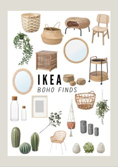 the ikea boho finds poster is shown with various items and plants on it