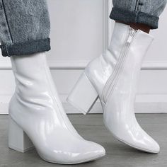 Please! I Want These So Bad. In 6 Or 7 White Patent Leather Heels With Almond Toe, Trendy White Almond Toe Heels, White High Heel With Heel Tab, Trendy White Patent Leather Heels, White Patent Leather Block Heels, White Closed Toe Patent Leather Heels, White High Heels With Heel Tab, White Patent Leather Closed Toe Heels, Modern White Pointed Toe Boots