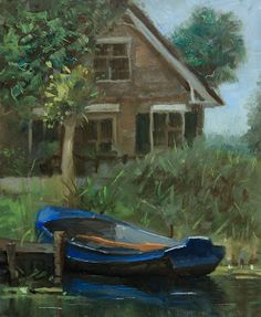 a painting of a boat in the water near a house