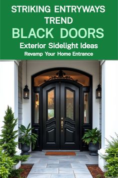 Black Doors Exterior Front Entry Black Doors Exterior Front Entry, Front Entry Ideas, Doors With Sidelights, Warehouse Windows, Black Front Door, Industrial Chic Design, Wooden Trim, Entry Ideas, Black Front Doors