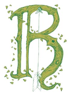 the letter b is made up of leaves and has an arrow hanging from it's side