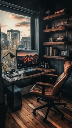 a desk with a computer on it in front of a large window overlooking the city