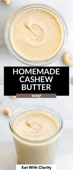 homemade cashew butter in a glass jar with cashews around it and text overlay