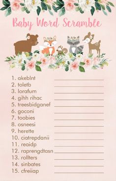 a baby word scramble is shown with flowers and animals on the top, in pink