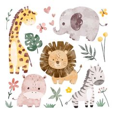 an illustration of animals and giraffes in watercolor on paper with flowers