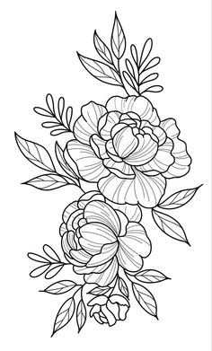 a black and white drawing of flowers with leaves on the bottom half of each flower