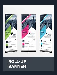 three roll up banners with the text roll up banner on them and an image of cityscape in the background