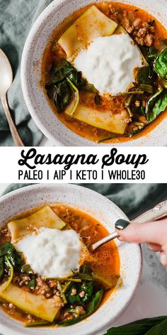 two bowls of lasagna soup with spinach and cheese