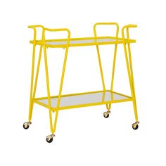 a yellow cart with two wheels and a glass shelf on the bottom one is empty