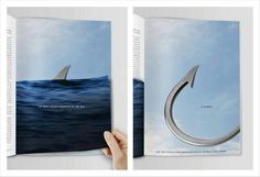 an open book with a shark fin sticking out of the water