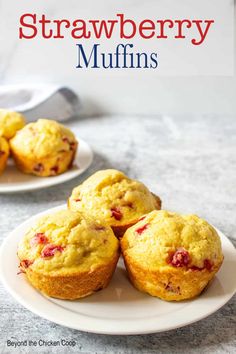 strawberry muffins on a plate with text overlay