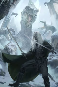 the white haired man is holding two swords in front of an enormous dragon and another monster