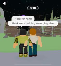 two people standing next to each other in front of a city at night with the text hold up hand i think we're holding something else