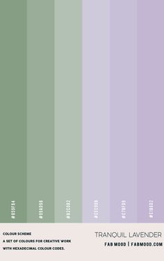 the color scheme for tranquil lavender is shown in shades of green, purple and white