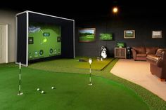 an indoor golf simulator is set up in the living room