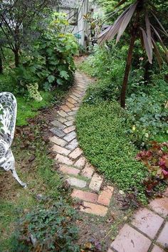 a stone path in the middle of a garden